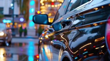 Reflective Black Car in Urban Night Scene with Vibrant Bokeh Background and Raindrops on the Surface