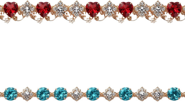 Decorative borders with sparkling red heart gems, brilliant clear diamonds, vibrant teal round stones, and shimmering square jewels, ideal for luxurious and elegant graphic design accents