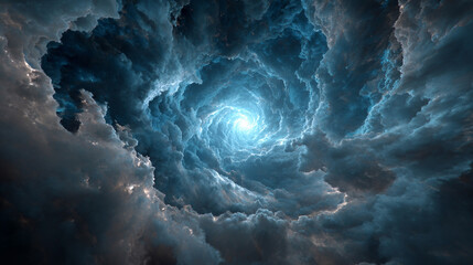 Swirling blue clouds forming a dynamic vortex with a glowing bright center, creating a dramatic, ethereal, and visually striking sky or abstract background.
