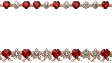 Elegant decorative borders featuring sparkling red heart gemstones, clear crystals, and intricate gold filigree, isolated on white, ideal for luxurious graphic design projects