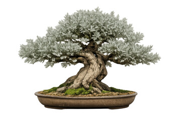 Fototapeta premium Bonsai tree with a gnarled trunk and silvery leaves planted in a shallow ceramic pot, symbolizing balance and time. Transparent background