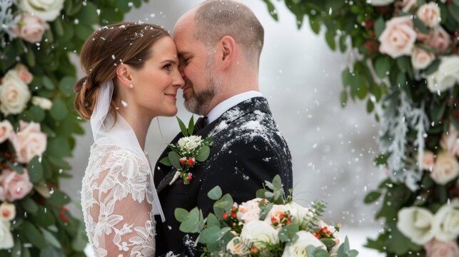 Romantic winter wedding moment between bride and groom surrounded by floral arch in falling snow