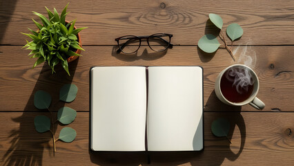 Flat lay of a cozy workspace featuring an open blank notebook, steaming hot tea, reading glasses, and a green plant on a rustic wooden table.