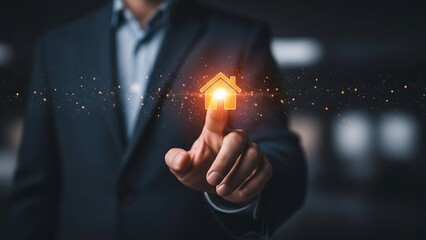 Man in suit touching glowing orange house icon with digital particles hand finger