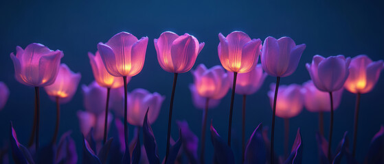 Luminous purple tulips glow against a deep blue backdrop, featuring soft backlighting and a dreamy atmosphere that highlights the elegant curves and shimmering textures of the petals.