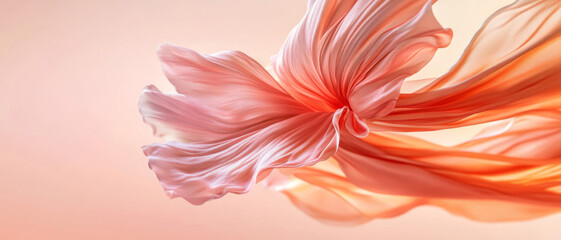 Fototapeta premium Flowing silk fabric in peach and pink tones with an abstract floral pattern floats gracefully across a pastel background, evoking a sense of luxury fashion and soft fluid movement.