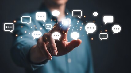 Person touching glowing digital speech bubbles and particles communication chat
