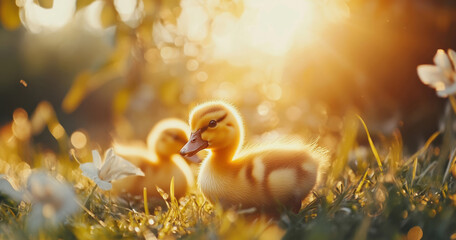 Adorable yellow ducklings huddle together in a lush green meadow as warm sunlight filters through the blades of grass, creating a peaceful and heartwarming scene of young animals in nature.