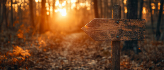 Weathered wooden arrow signpost points the way through a quiet forest at sunset, symbolizing hope and new direction amidst the glowing orange light of the golden hour in a peaceful wood.