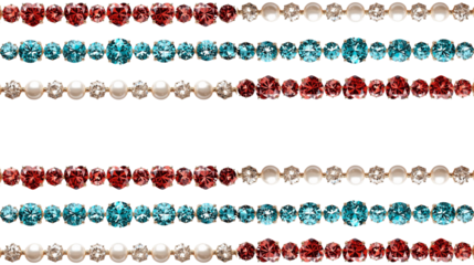 Elegant decorative pattern showcasing vibrant red and blue gemstones artfully arranged with lustrous white pearls, creating sophisticated borders and luxurious design elements