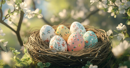 Obraz premium Collection of colorful Easter eggs decorated with floral patterns and playful dots nestled in a natural bird nest within a wicker basket, set against a vibrant and blooming spring garden.
