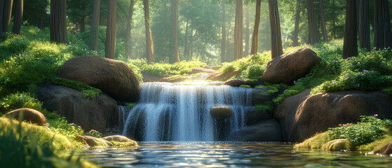 Enchanted forest waterfall featuring vibrant cascading water and bright greenery under cinematic lighting, creating a whimsical and colorful atmosphere with a focus on natural wonders.