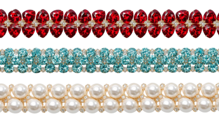 A collection of elegant decorative trims featuring sparkling red gemstones, shimmering teal crystals, and lustrous white pearls, perfect for fashion, craft, and creative embellishments