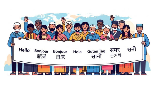 Diverse group of people from different cultures and ethnicities holding a sign with greetings in multiple languages with cultural diversity and inclusion