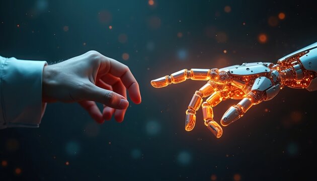 Human hand reaches towards robotic arm fingers. Futuristic connection between people, artificial intelligence. Partnership, innovation concept. Digital future unfolds. Technology meets humanity. - Powered by Adobe