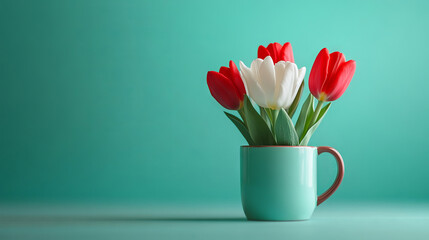 Obraz premium Red and white tulips are arranged inside a charming coffee mug on a mint green surface, creating a cheerful floral card concept for Valentine's Day or Mother's Day celebrations.