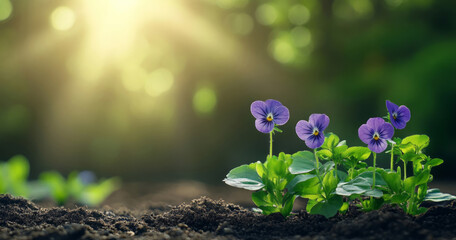 Small purple wildflowers emerge from the dark earth among green leaves, bathed in golden sunlight to symbolize new growth and the arrival of spring in a peaceful forest setting.