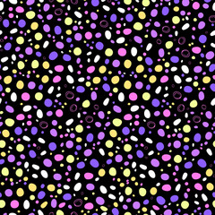 Abstract seamless pattern featuring vibrant organic shapes and hand-drawn doodles on a black background. Playful colorful texture for modern textile design, gift wrap, and trendy creative projects.