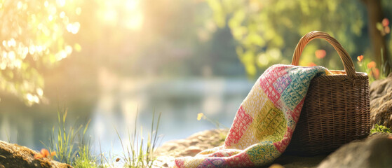 A classic wicker picnic basket and a colorful folded blanket sit ready for a summer outing, set against a dreamy blurred backdrop of a sparkling lake and warm afternoon sunbeams.