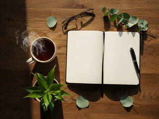A peaceful overhead view of a wooden desk featuring an open notebook, pen, steaming cup, potted plant, and eyeglasses, bathed in natural light.