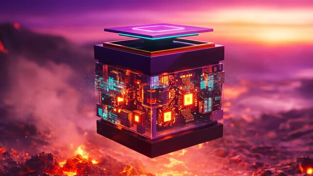 Levitating server cube above molten lava landscape with glowing processors, volcanic energy and dramatic sunset lighting for extreme computing