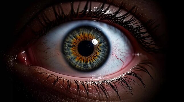 A striking close-up of a human eye, showcasing its vibrant colors and intricate details, making it perfect for use in projects that require a powerful visual impact.