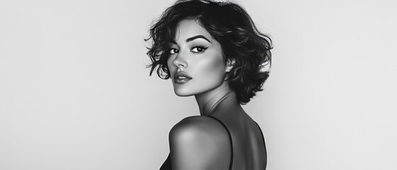 An attractive woman in a sleek black bodycon dress gazes over her shoulder in a minimalist monochrome portrait, featuring soft lighting against a plain backdrop for a timeless look.