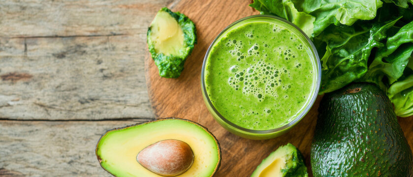 A top-down flat lay displays a healthy lunch of garden salad, sliced avocado, and a vibrant green smoothie on a rustic wooden table, perfect for promoting nutritious plant-based eating. - Powered by Adobe