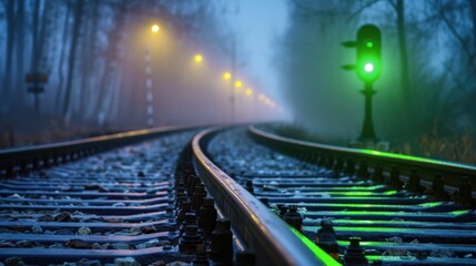 Naklejka premium Tranquil Railway Tracks in Fog with Green Signal Light Illuminating Early Morning Scene