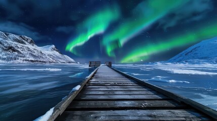 Stunning Aurora Borealis Over Snowy Landscape with Pier and Reflections in Icy Waters at Night