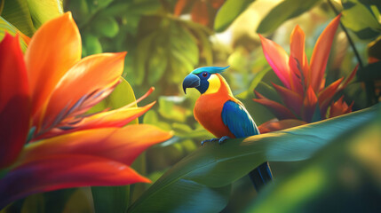 A magnificent bird of paradise with blue and yellow feathers perches on an exotic orange and red flower, showcasing the vibrant and diverse colors of a lush tropical wilderness.