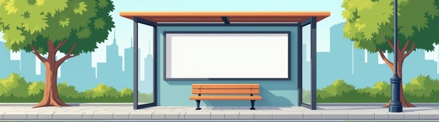 A of a bus stop with a bench and a blank billboard mockup