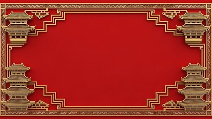 Decorative chinese frame with pagodas and red background for design