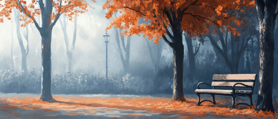 A lone park bench is surrounded by trees with brilliant orange leaves in a misty autumn forest, capturing a peaceful scene of seasonal change and quiet wilderness tranquility.