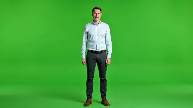 A young adult male presenter stands confidently in front of a vibrant green screen background wearing a light blue shirt and dark pants.
