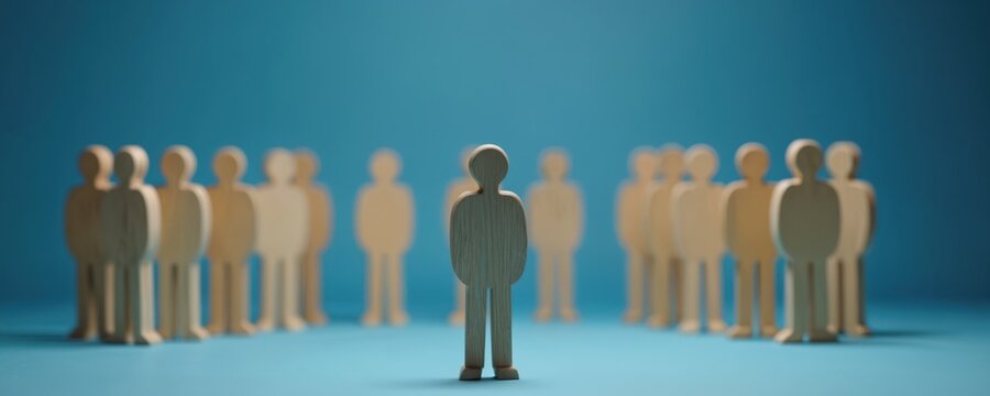 Wooden figure stands apart from group. Symbolizes exclusion, loneliness, or leadership. Represents individuality, social issues, or team dynamics. Conceptual metaphor for being different.
