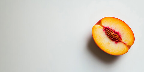A single succulent slice of a ripe peach is isolated on a white background, featuring a vibrant orange and red hue that highlights the fruit's refreshing texture and natural summer sweetness.