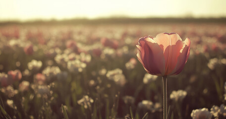 Pink tulips stand gracefully in the foreground of a sunlit meadow, where soft light and gentle shadows accentuate the delicate petals and leaves of a vast field of blooming spring flowers.