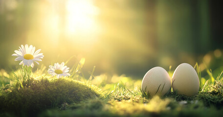 Colorful Easter eggs are hidden among lush green grass and blooming spring flowers, with bright sunbeams filtering through the scene to create a festive and joyful seasonal atmosphere.