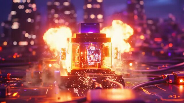 Quantum computer tower with glowing processors on circuit board, neon cyberpunk city lighting and intense computational power