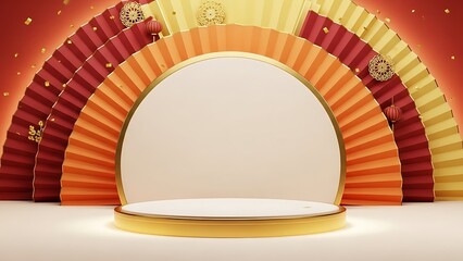 Decorative stage for product presentation with red orange and yellow fans