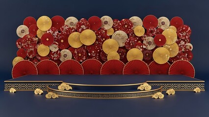 Decorative stage display with red gold and white elements on a blue background