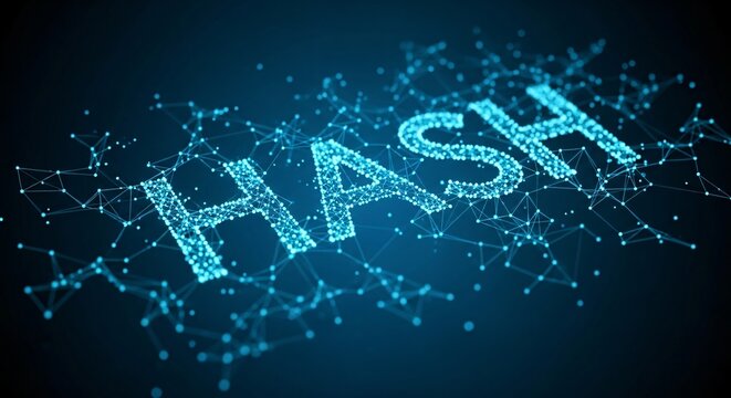 Digital representation of the word HASH in blue glowing futuristic style with interconnected data points and lines emphasizing blockchain technology and cybersecurity theme - Powered by Adobe