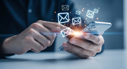 Businessman Using Smartphone with Digital Email Icons Floating Above for Communication Technology Connectivity and Modern Mobile Communication Concept