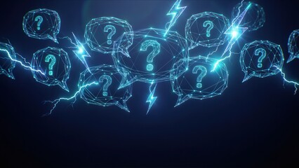 A glowing speech bubbles and a lightning symbols floating in a dark digital space showing uncertainty technology questions stress management