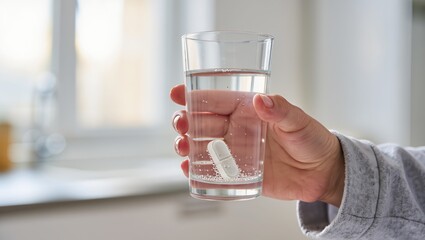 Morning routine close-up of hand in pajamas holding glass of water with dissolving effervescent tablet, bubbles rising, showing daily habit of taking soluble tablet at home