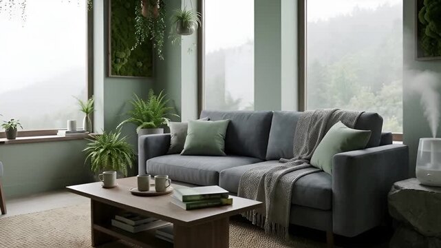 Cozy modern living room with green accents, large windows, natural decor, and comfortable furniture in serene mountain setting