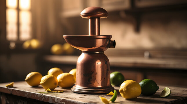 A candid-style, medium-shot photograph focused on an elegant, retro-designed copper manual citrus press or juicer. This model features a unique top-plunger design with a rounded knob, which, when pres