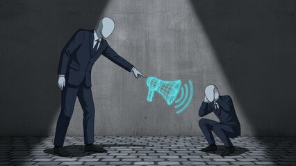 A powerful figure pointing at a smaller person with a glowing megaphone showing authority pressure stress management