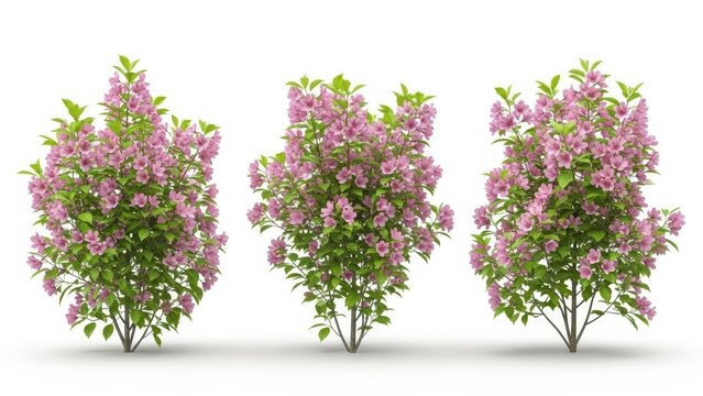 Pink Weigela Shrubs on White Background, Spring Blossoms, Garden Plants, Isolated